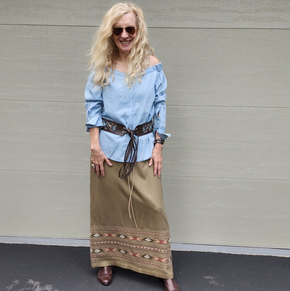 Woolrich Prairie Maxi Skirt & Blue Shirt Shop Off-Shoulder Blouse, Medium, $68